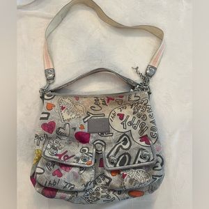 COACH poppy pink and gray colorful purse with wear